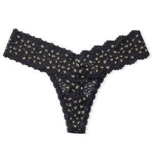 NWT (XXL) Victoria’s Secret Sparkly Black Lace Thong Panty Gold Shimmer Animal P